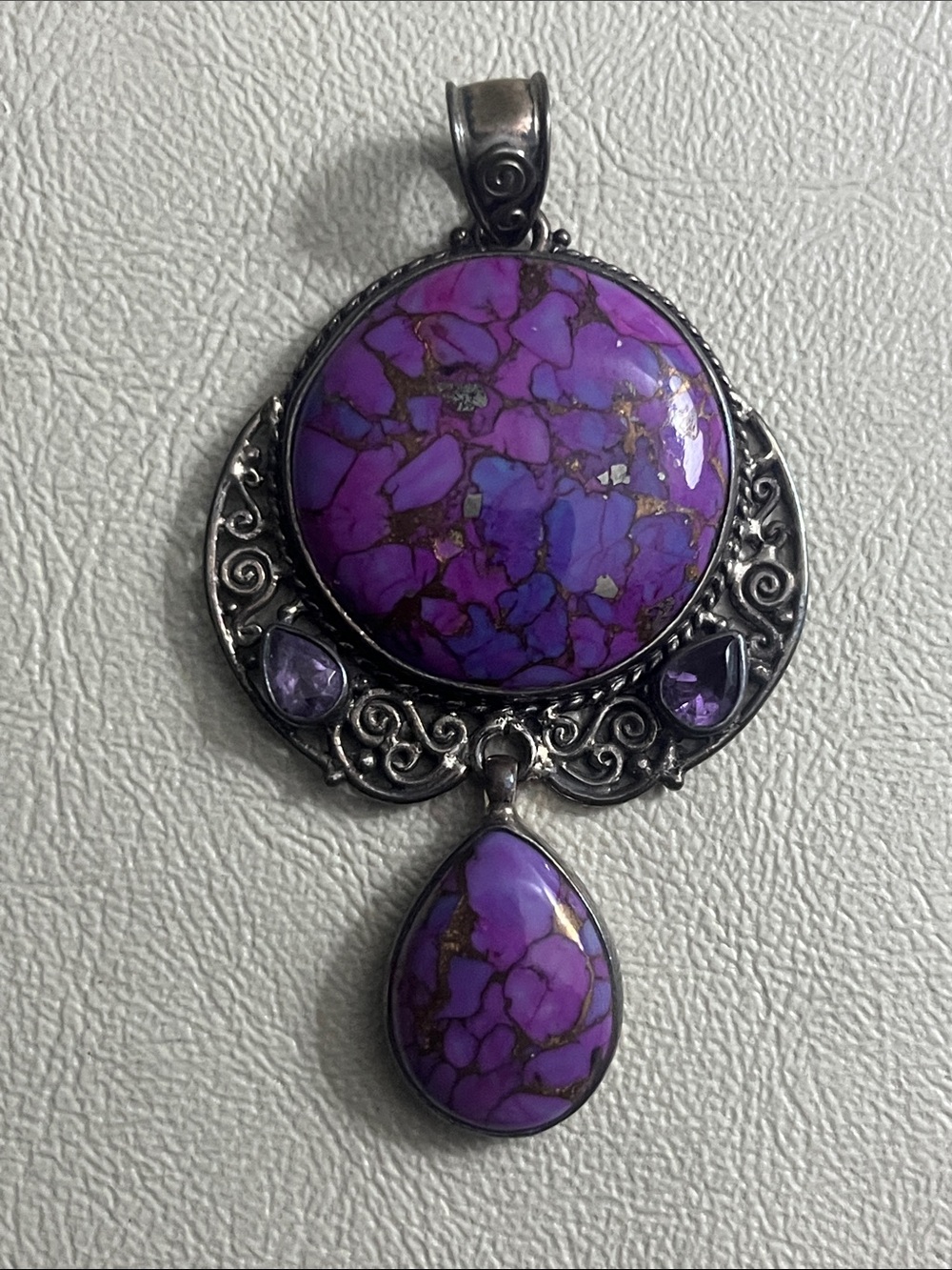 925 Silver Purple Turquoise Teardrop Pendant Necklace with Filigree Accents
